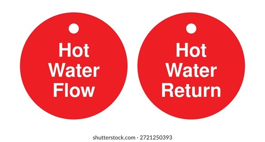 Conjunto de duas etiquetas de válvula circulares para encanamento e sistemas de AVAC, com fundos vermelhos com texto branco em negrito: "Hot Water Flow" e "Hot Water Return". Cada tag inclui um orifício centralizado superior para o anexo. Projetado para identificar caminhos de circulação de água quente em ambientes mecânicos, utilitários e de manutenção de instalações. Ideal para sinalização de segurança, diagramas operacionais e etiquetagem de equipamentos. O layout de alto contraste garante visibilidade em aplicativos impressos, da Web, móveis e no local.