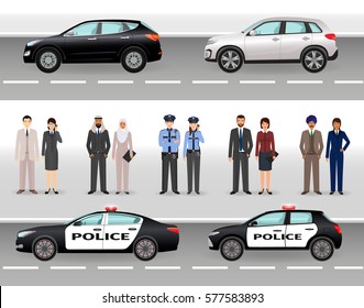 Set of two civil vehicles, two police cars, male and female policemen and civil people. Make your own scene. Flat vector illustration..