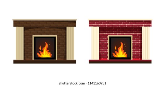 Set of two classic fireplace with red and brown brick inside. The element of the interior living room. Vector isolated illustration. Comfortable, cozy, warm, home fireplace. Warm winter christmas
