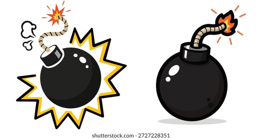 Un conjunto de dos ilustraciones clásicas de bombas negras redondas con fusibles encendidos y efectos de explosión de estilo cómico. Estos vibrantes iconos vectoriales son ideales para activos de juego, gráficos con temas de acción y diseños creativos de alta energía.