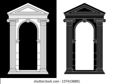 Conjunto de dos clásicos arcos de época griega, romana con frontón, columnas. Siluetas blancas y negras.