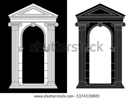 Set of two classical antique greek, roman arches with fronton, columns. Black and white silhouettes.