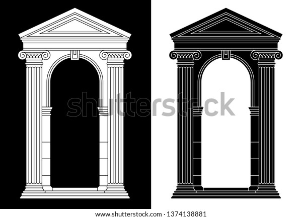 Set of two classical antique\
greek, roman arches with fronton, columns. Black and white\
silhouettes.