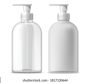 Set of two clear and white blanc dispensers. Realistic. 3D mockup product placement. Vector