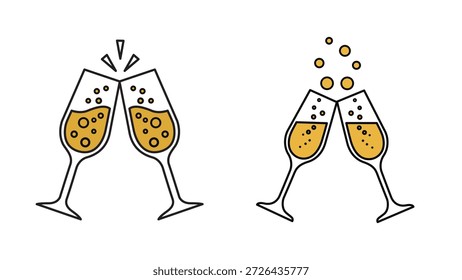 Conjunto de duas taças de champanhe de clinking brindar com bolhas vetor ícones de ilustração em estilo de desenho animado plano isolado