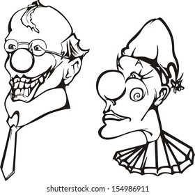 Set of two clown heads. Black and white vector illustrations.