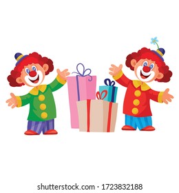 set of two clowns and boxes with gifts, isolated object on a white background, vector illustration,