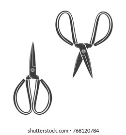 Set of two cobbler's scissors isolated on the white background, top view and front view, monochrome style, vector