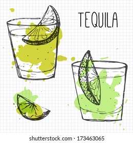 Set Of Two Cocktail Shots With Lime Segments. Sketch And Watercolor.