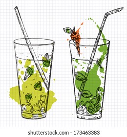 Set of two cocktails drawn on squared notebook paper. Vector illustration of long drinks in mixed media style.