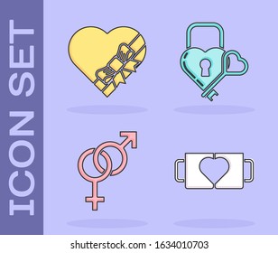 Set Two coffee cup and heart, Candy in heart shaped box and bow, Gender and Castle in the shape of a heart and key icon. Vector
