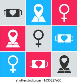 Set Two coffee cup and heart, Map pointer with heart and Female gender symbol icon. Vector