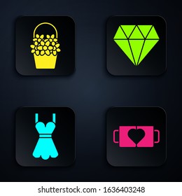 Set Two coffee cup and heart, Flowers in a basket, Woman dress and Diamond. Black square button. Vector