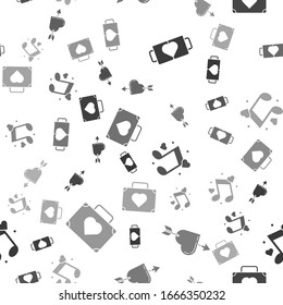 Set Two coffee cup and heart, Amour symbol with heart and arrow, Music note, tone with hearts and Suitcase for travel with heart on seamless pattern. Vector