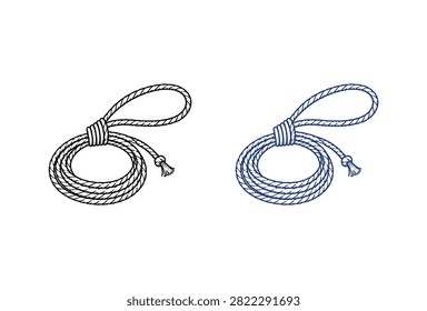 A set of two coiled rope illustrations featuring a loop and knot design in minimalist black and blue line art styles on a white background