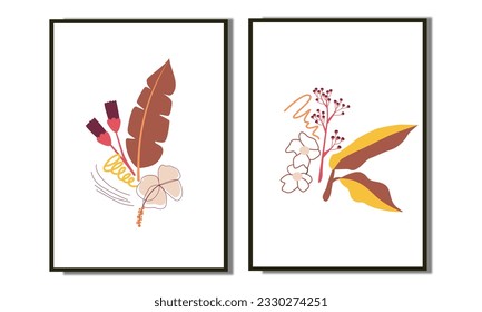 Conjunto de dos colecciones de la pared de flores dibujada a mano para el hogar. Las paredes de Boho están decoradas con gusto. La decoración de las paredes, el cartel, el papel pintado nórdico y el fondo