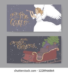 Set of two color banners with brush lettering greeting, angel and a sleigh with Christmas tree and gifts. Great for posters, greeting cards.