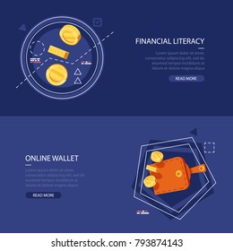 Set of two color banners design concepts for financial literacy and online wallet. Vector flat illustration on blue background