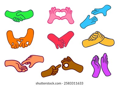 Set of two color cartoon hand in different gestures in groovy style. Collection design elements for business communication, care, love. Funny vector illustration.