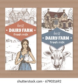 Set of two color dairy farm shop labels with traditional farmhouse, milkmaid and cow on white background. Placed on cardboard texture. Includes hand drawn elements.