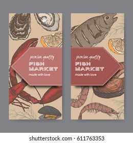 Set of two color fish market label templates with fish, lobster and seafood on cardboard background. Includes hand drawn elements.