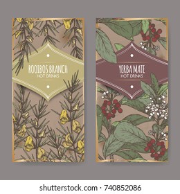 Set of two color labels with Rooibos aka Aspalathus linearis and Yerba mate aka Ilex paraguariensis branches with leaves and flowers. Hot drinks collection. Great for cafe, bars, tea ads.