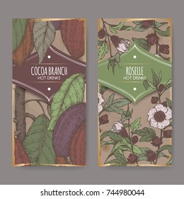 Set of two color labels with Roselle aka Hibiscus sabdariffa and Cocoa tree aka Theobroma cacao branch sketch. Hot drinks collection. Great for cafe, bars, tea ads.