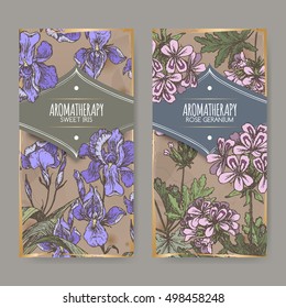 Conjunto de dos etiquetas en color con iris dulce y geranio de rosa sobre fondo vintage. Serie de aromaterapia. Ideal para la medicina tradicional, el diseño de perfumes, la cocina o la jardinería.