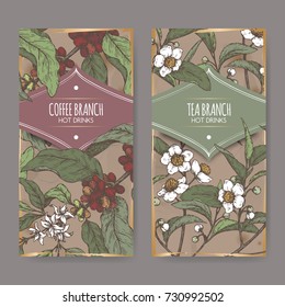 Set of two color labels with tea and coffee branch sketch. Hot drinks collection. Great for cafe, bars, coffee ads.