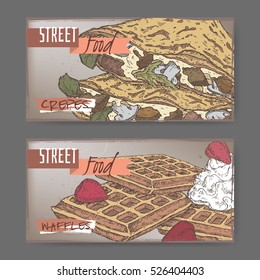 Set of two color landscape banners with crepes and Liege waffles. French and Belgian cuisine. Street food series. Great for market, restaurant, cafe, food label design.