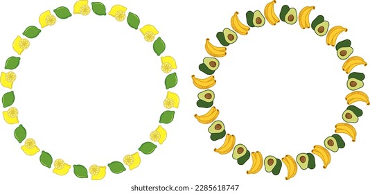 Set of two color vector frames of fruits in doodle style. Cute cartoon round wreath made of lemon, lime, avocado, banana