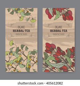 Set of two color vintage labels for gingko and goji berry herbal tea. Placed on cardboard texture.