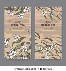 Set of two color vintage labels for jasmine and eucalyptus herbal tea. Placed on cardboard texture.