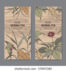 Set of two color vintage labels for ginger and ginseng herbal tea. Placed on cardboard texture.