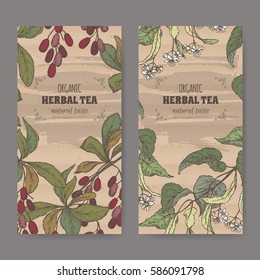 Set of two color vintage labels for linden and barberry herbal tea. Placed on cardboard texture.