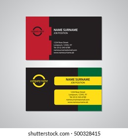 Set of two colored business cards, red, green, yellow and black. Canadian and american standard.