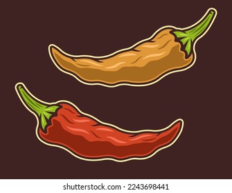 Set of two colored style illustration of chili peppers red and yellow vector on dark background