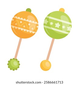Set of two colorful baby rattles with different patterns. Perfect for nursery decor, baby shower invitations, and children's designs. Vector illustration