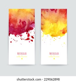 Set of two colorful business cards templates. Banners with hand painted watercolor splashes. Greeting cards, invitations, flyers. Vector illustration. 