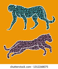 Set of two colorful leopards. Wild animals poster. Vector illustration. Creative modern neon colors.