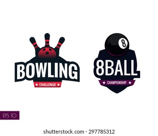 Set of two colorful logo designs for bowling and billiards with eight ball, pin and bowling ball. Isolated abstract vector illustration