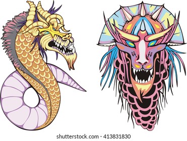 Set of two colorful oriental chinese dragons. Vector illustrations.