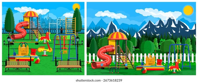 Conjunto de dos coloridos parques infantiles con varios equipos, con horizonte de la ciudad y bosque de montaña. Ilustración de colección de conjunto de Vector de stock de estilo plano.