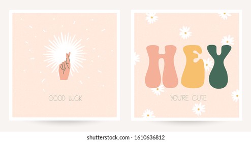 Set of two colorful postcards in hippie style with vintage lettering. Text Good luck, Hey you're cute. Boho chic textured postcards. Flat vector illustration.