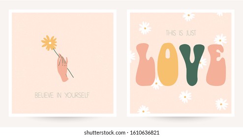 Set of two colorful postcards in hippie style with vintage lettering. Text Believe in yourself, This is just Love. Boho chic textured postcards. Flat vector illustration.