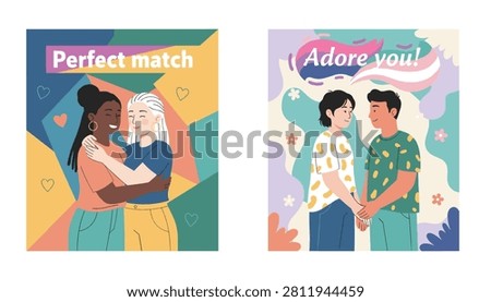 Set of two colorful retro love posters celebrating diverse relationships with phrases perfect match and adore you.