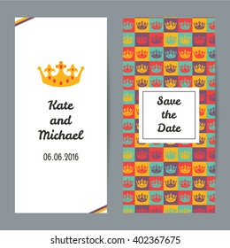 Set of two colorful vector banners with gold crown, text Kate and Michael, Save the Date, squares, crowns. Designed for postcard or wedding invitations. Invitation on royal wedding. Modern style.