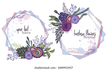 Set of two colorful vector floral frames with bouquets of hand drawn fantasy flowers, plants and branches. Beautiful template for invitations, greeting cards.