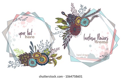 Set of two colorful vector floral frames with bouquets of hand drawn fantasy flowers, plants and branches. Beautiful template for invitations, greeting cards.