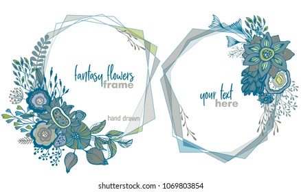 Set of two colorful vector floral frames with bouquets of hand drawn fantasy flowers, plants and branches. Beautiful template for invitations, greeting cards.
